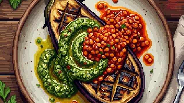 Roasted Aubergine with Pesto & Harissa Lentils
