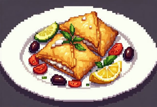 Spanakopita with grilled feta, olives and tomato